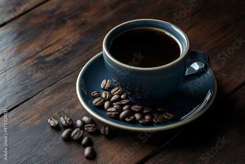 A detailed view of a cup of black coffee on a saucer, with a handful of coffee beans artistically arranged around the cup. The setting is on a dark wooden table, emphasizing the deep, rich tones of