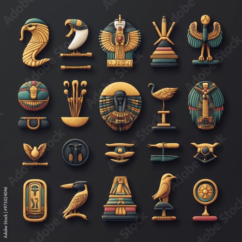 Egyptian-inspired symbols and artifacts in a decorative style. photo