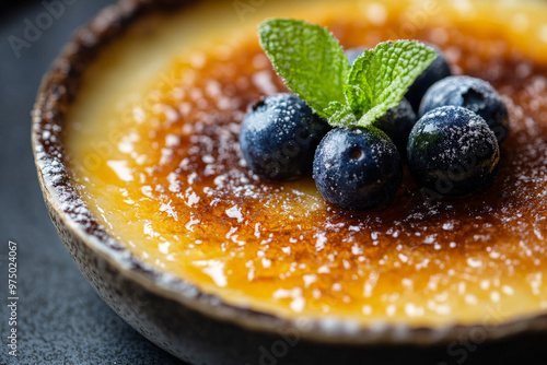 A detailed shot of a perfectly caramelized crÃ¨me brÃ»lÃ©e with a crackled sugar top. The creamy custard underneath glistens under the light, with a sprig of fresh mint and a few plump, juicy photo