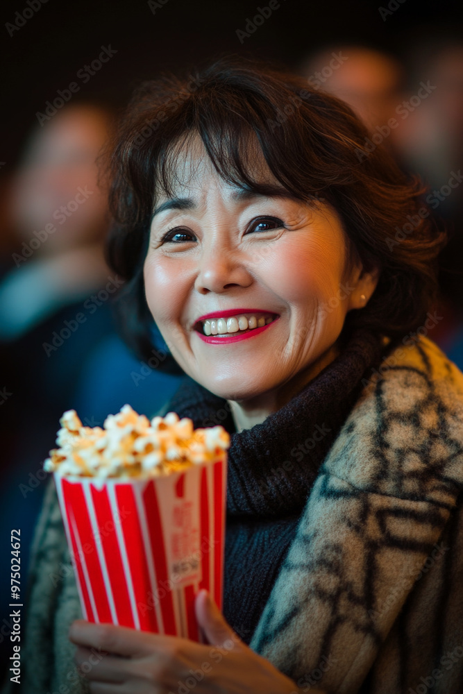 A Japanese middle-aged woman, smiling broadly, enjoying popcorn in a cinema as she watches a comedy movie. Her face lights up with joy in the dim theater. A Japanese middle-aged woman, smiling broadly, enjoying popcorn in a cinema as she watches a comedy movie. Her face lights up with joy in the dim theater.