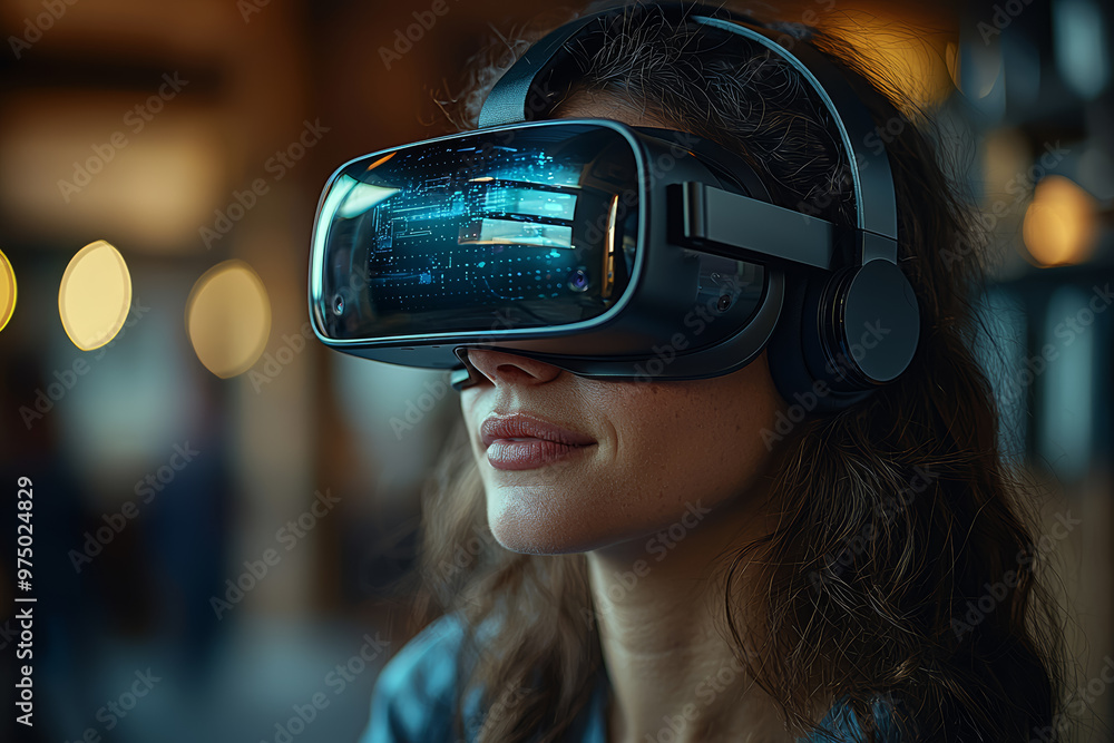 A virtual reality headset with business people interacting in a digital office environment, illustrating the future of remote work. Concept of technology. A virtual reality headset with business people interacting in a digital office environment, illustrating the future of remote work. Concept of technology.