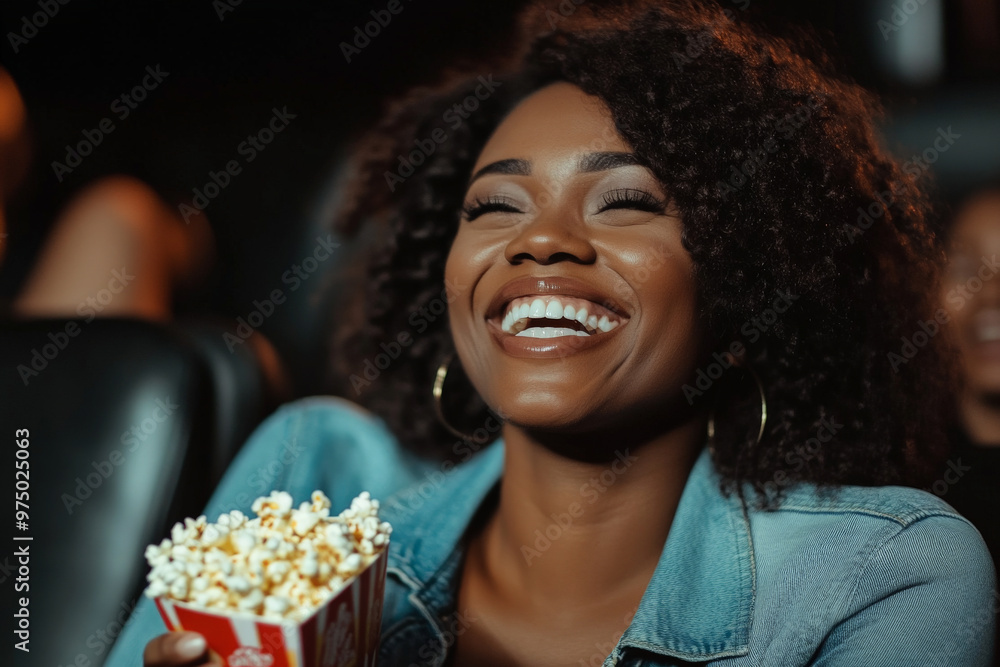A joyful Black middle-aged woman, happily eating popcorn while watching a comedy movie in the cinema. Her bright smile and laughter fill the darkened space. A joyful Black middle-aged woman, happily eating popcorn while watching a comedy movie in the cinema. Her bright smile and laughter fill the darkened space.