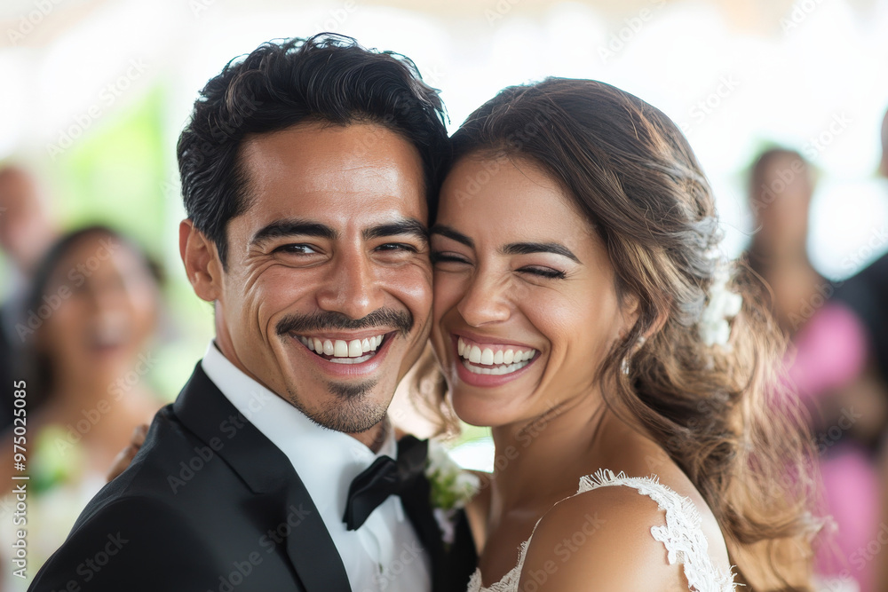 A joyful Hispanic bride and groom dancing together at their wedding reception, surrounded by friends and family, both smiling with happiness. A joyful Hispanic bride and groom dancing together at their wedding reception, surrounded by friends and family, both smiling with happiness.