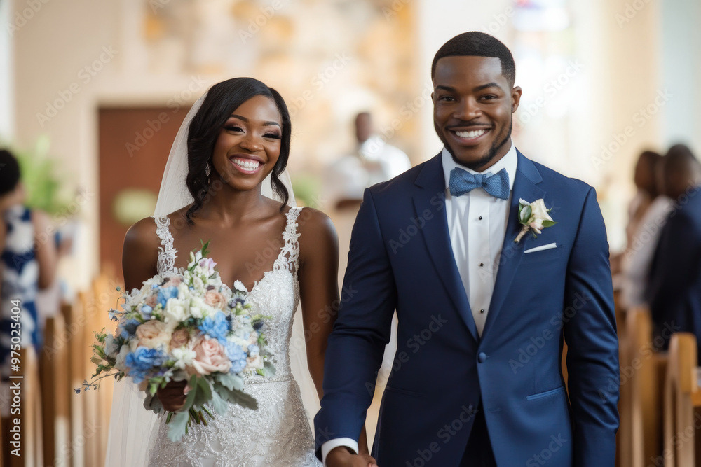 A cheerful Black bride and groom walking down the aisle after their wedding ceremony, holding hands and smiling brightly at the camera. A cheerful Black bride and groom walking down the aisle after their wedding ceremony, holding hands and smiling brightly at the camera.
