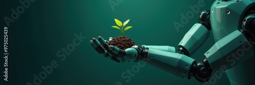 A robotic hand gently holds a small plant, symbolizing the fusion of technology and nature. Ideal for themes of innovation, sustainability, and eco-friendly solutions. photo