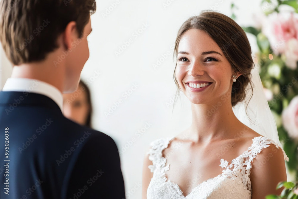 A happy Caucasian bride and groom exchanging vows at their wedding ceremony, both looking at each other with love and smiling at the camera. A happy Caucasian bride and groom exchanging vows at their wedding ceremony, both looking at each other with love and smiling at the camera.