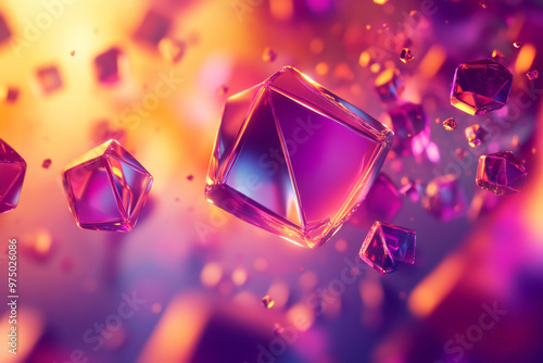 A colorful abstract background featuring vibrant gradients of red, purple, and gold. 3D geometric shapes such as prisms and octahedrons are suspended in space, with glowing edges and reflective photo