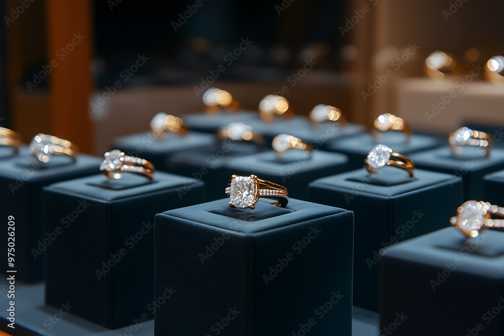 Jewelry Store Display Featuring an Array of Sparkling Rings | Elegant Selection of Fine Jewelry for Special Occasions Jewelry Store Display Featuring an Array of Sparkling Rings | Elegant Selection of Fine Jewelry for Special Occasions