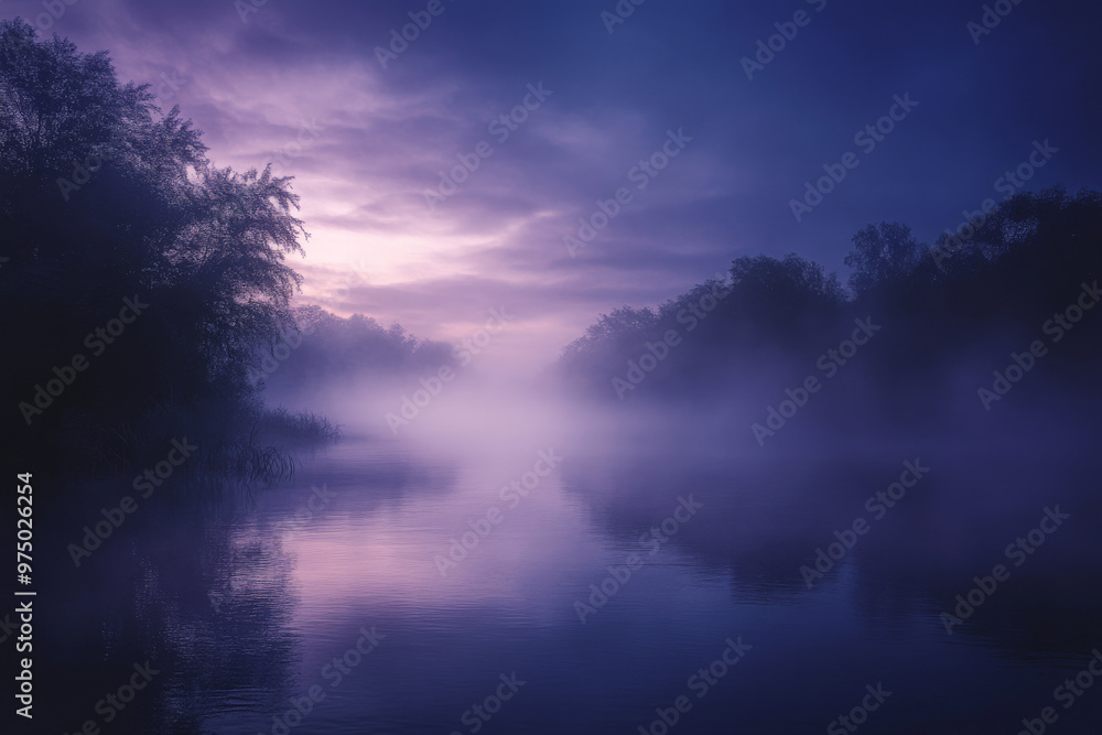 A mystical river landscape with a gradient sky blending from a soft lavender at the horizon to a deep, cosmic blue above. The river_s surface reflects the gradient, with mist and fog creating a dreamy A mystical river landscape with a gradient sky blending from a soft lavender at the horizon to a deep, cosmic blue above. The river_s surface reflects the gradient, with mist and fog creating a dreamy