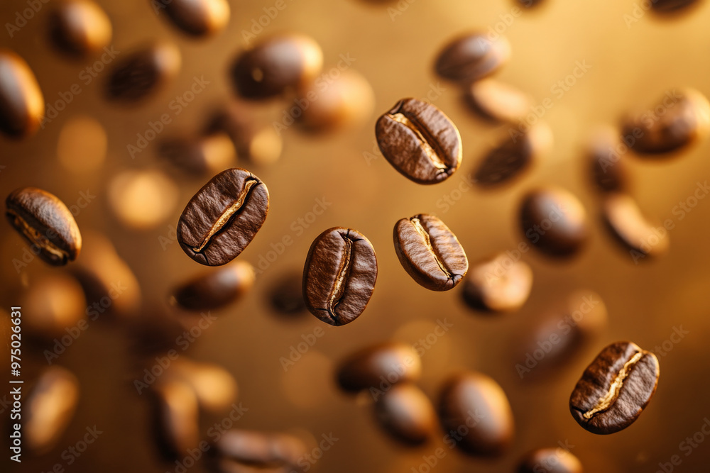 A cluster of coffee beans swirling in mid-air, forming a vortex of motion against a backdrop of warm, golden light. Each bean is sharply focused, capturing the deep, rich brown tones and natural A cluster of coffee beans swirling in mid-air, forming a vortex of motion against a backdrop of warm, golden light. Each bean is sharply focused, capturing the deep, rich brown tones and natural