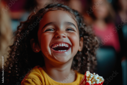 A Brazilian preschooler girl, laughing gleefully, munching on popcorn while enjoying a comedy movie in the cinema. Her laughter and bright smile are heartwarming. photo