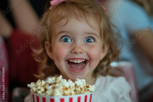 A Caucasian preschooler girl, full of delight, munching on popcorn while laughing at a comedy movie in the cinema. Her big eyes shine with excitement. photo