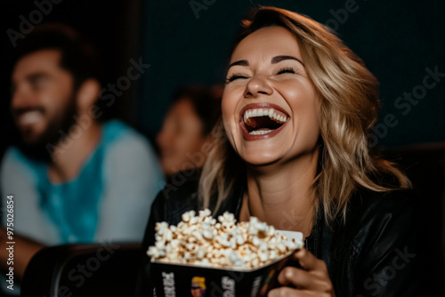 A Brazilian middle-aged woman, cheerful and engaged, eating popcorn in a cinema while watching a hilarious scene in a comedy movie. Her laughter fills the air as she enjoys the moment.