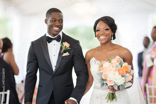 Obraz na płótnie A cheerful Black bride and groom walking down the aisle after their wedding ceremony, holding hands and smiling brightly at the camera. w salonie