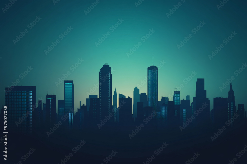 A modern urban skyline with a gradient background that transitions from a bright cyan near the horizon to a dark, moody blue at the top. The buildings are silhouetted against the gradient sky, A modern urban skyline with a gradient background that transitions from a bright cyan near the horizon to a dark, moody blue at the top. The buildings are silhouetted against the gradient sky,