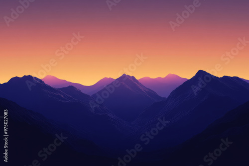 A dramatic mountain landscape with a gradient sky transitioning from sunrise orange at the horizon to soft morning blue at the top. The mountains are shadowed in dark purple, gradually lightening as