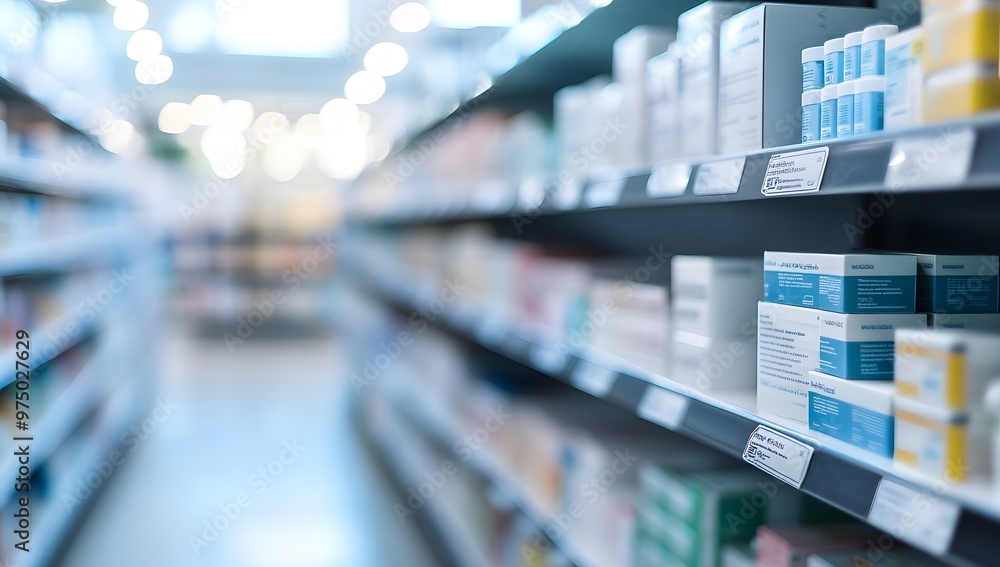 Defocused Pharmacy Store Background with Blurred Lights and Drug Shelves Defocused Pharmacy Store Background with Blurred Lights and Drug Shelves