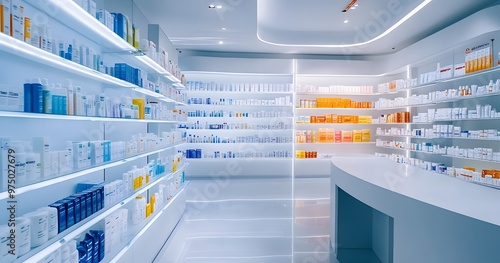 Defocused Pharmacy Store Background with Blurred Lights and Drug Shelves photo