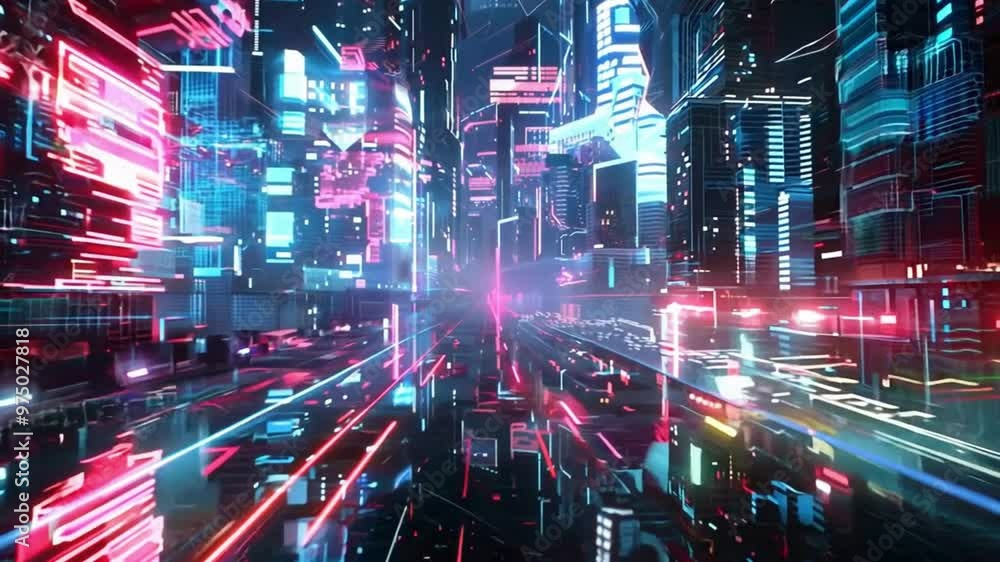 a futuristic, digital landscape filled with vibrant neon lights and holographic data panels. It has a cyberpunk aesthetic a futuristic, digital landscape filled with vibrant neon lights and holographic data panels. It has a cyberpunk aesthetic