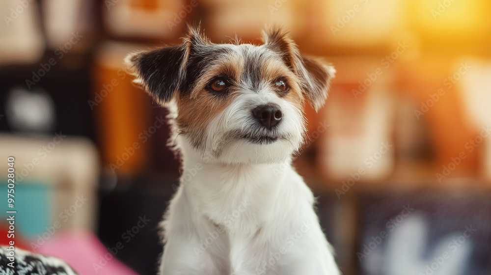 Jack Russell Terrier with a curious expression sitting in a warm and cozy room. Soft lighting and a comfortable setting enhance the pet's playful nature. Jack Russell Terrier with a curious expression sitting in a warm and cozy room. Soft lighting and a comfortable setting enhance the pet's playful nature.