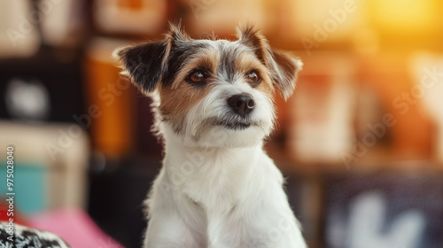 Jack Russell Terrier with a curious expression sitting in a warm and cozy room. Soft lighting and a comfortable setting enhance the pet's playful nature.