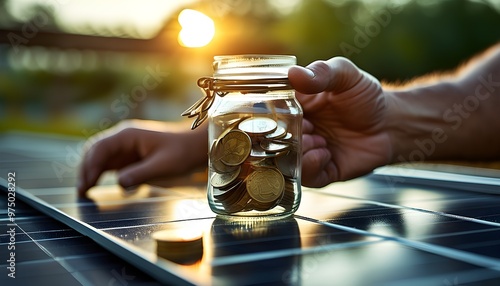 Investment in solar energy: a mans hand holds cash in a jar beside coins atop solar panels photo