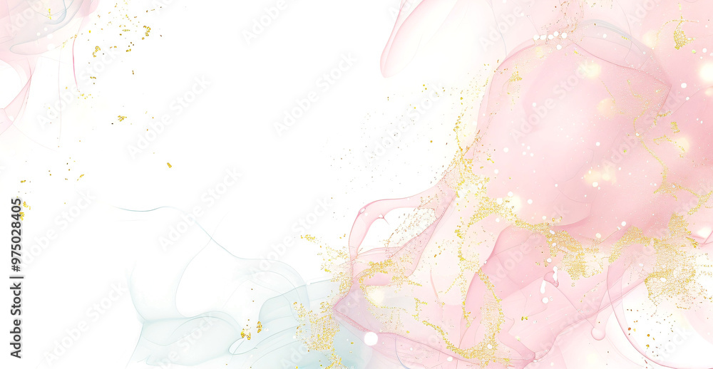 Fototapeta premium Alcohol ink creates an abstract fluid art background with flowing pink and gold accents on a transparent canvas