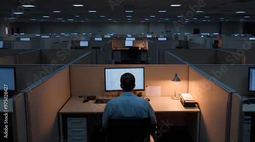 Lone Worker Sitting at a Desk in a Dimly Lit Office | Solitary Productivity in a Quiet Corporate Environment