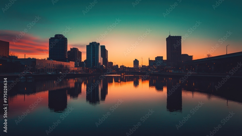 A city skyline with buildings reflecting in a calm river at sunrise.
