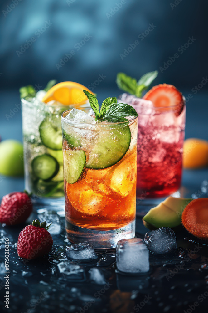 Three glasses of colorful drinks on a white table. The style is fresh and natural, with sunlight casting shadows. Three glasses of colorful drinks on a white table. The style is fresh and natural, with sunlight casting shadows.