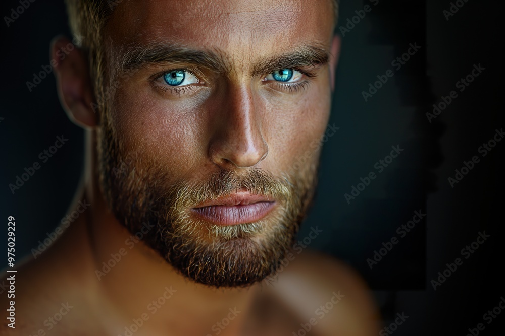 A captivating portrait of a confident gay man with striking blue eyes smiling softly in a dimly lit environment A captivating portrait of a confident gay man with striking blue eyes smiling softly in a dimly lit environment