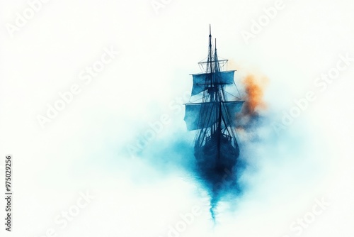 Ghostly Pirate Ship Rising from Mist - Haunting Watercolor Illustration of Cursed Seascape with Eerie Ambiance