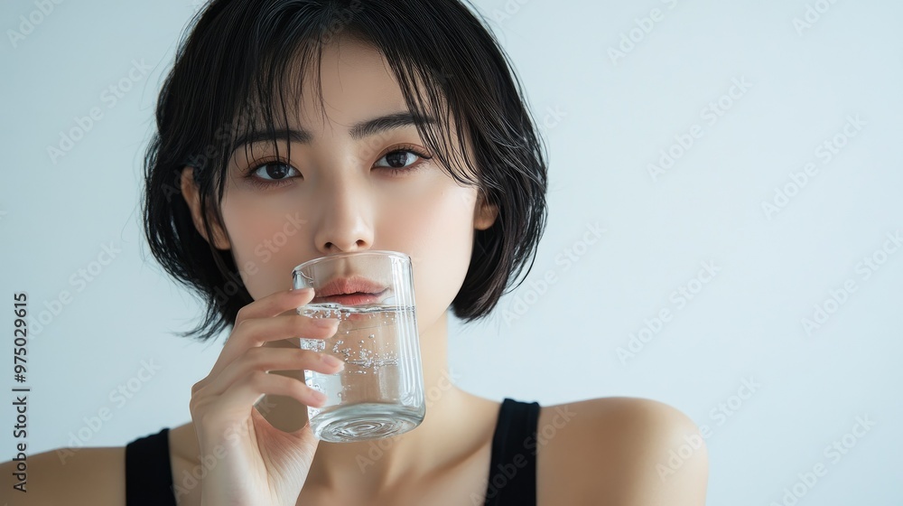 A beautiful Japanese woman is drinking water from a glass, against a white background, High quality photo A beautiful Japanese woman is drinking water from a glass, against a white background, High quality photo