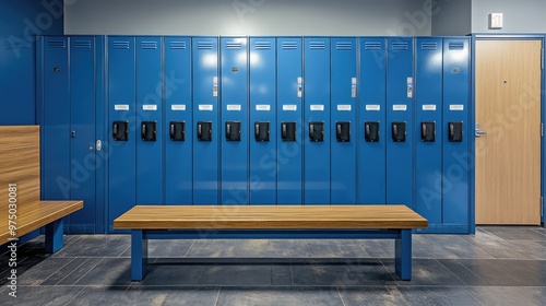 Blue Metal Lockers with Bench. AI generated illustration