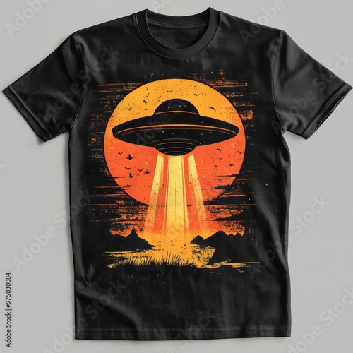 Graphic t-shirt featuring a UFO and sunset design. photo