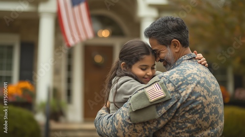 A soldier in camouflage uniform embraces his daughter at home after returning from deployment, with an American flag waving in the background