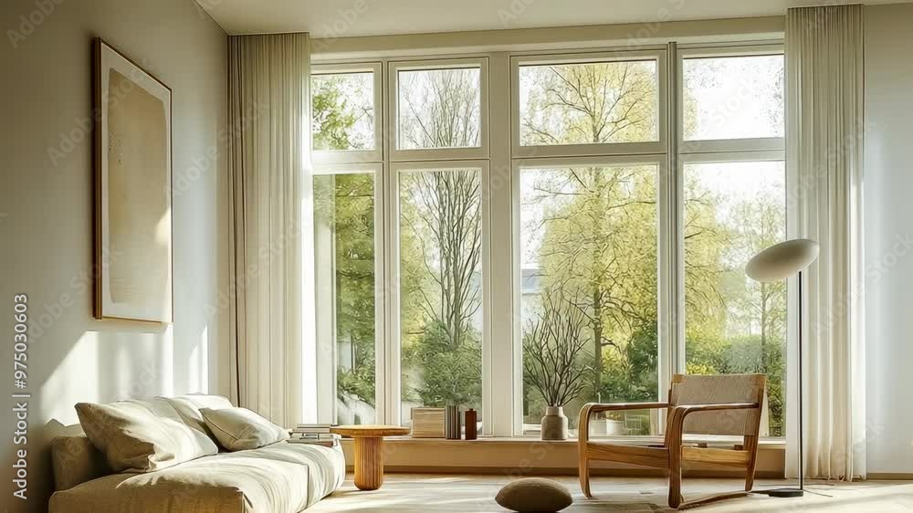 A bright living room showcases large windows letting in natural light, adorned with wooden furniture and cozy decor. It is daytime, and the ambiance is calm and inviting, perfect for relaxation. A bright living room showcases large windows letting in natural light, adorned with wooden furniture and cozy decor. It is daytime, and the ambiance is calm and inviting, perfect for relaxation.
