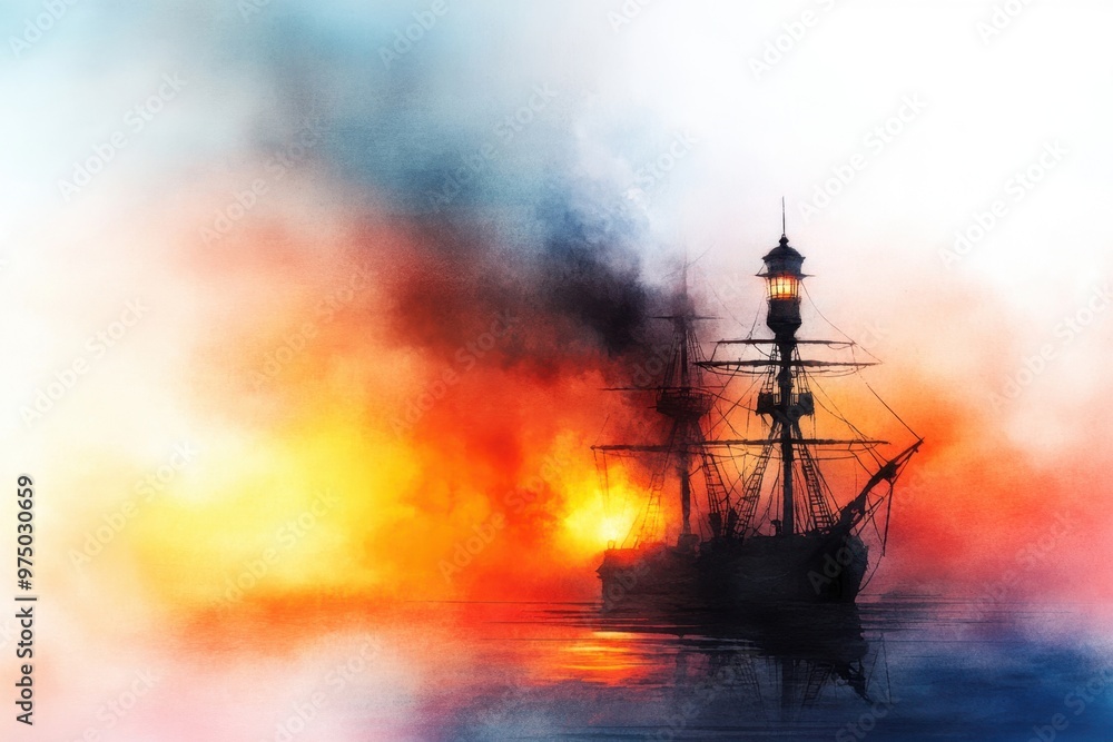 Fototapeta premium Ghostly Pirate Ship Guided by Haunted Lighthouse in Eerie Glow - Watercolor Style Illustration