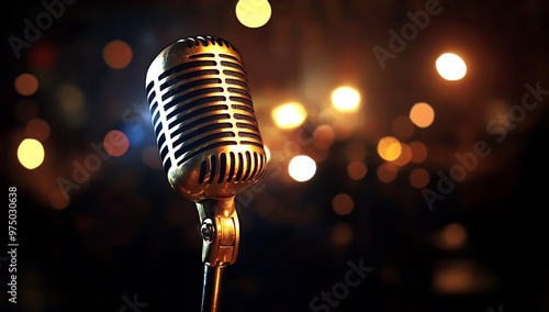 A golden microphone on stage with blurred lights in the background