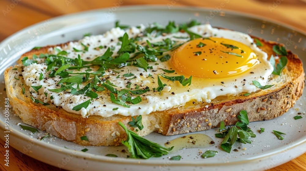 A white plate with two slices of bread and an egg on top The first slice has a fried egg on it, while the second slice is empty A white plate with two slices of bread and an egg on top The first slice has a fried egg on it, while the second slice is empty