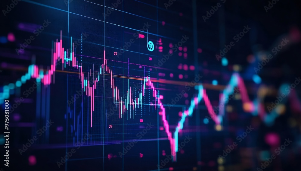 stock market graph on the screen, displaying rising candlestick charts and trading lines stock market graph on the screen, displaying rising candlestick charts and trading lines
