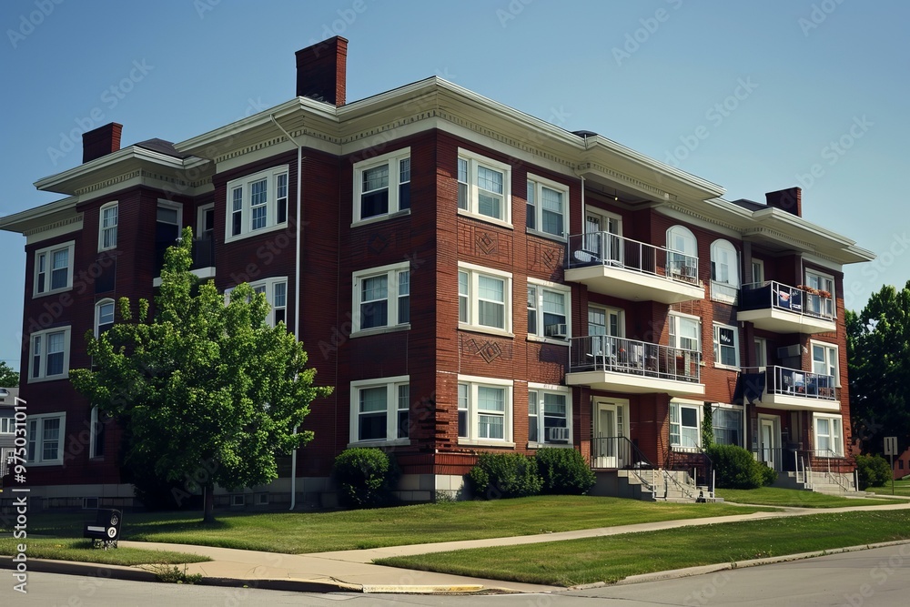 Obraz premium Classic brick apartment building with white trim is standing on a corner lot on a sunny summer day