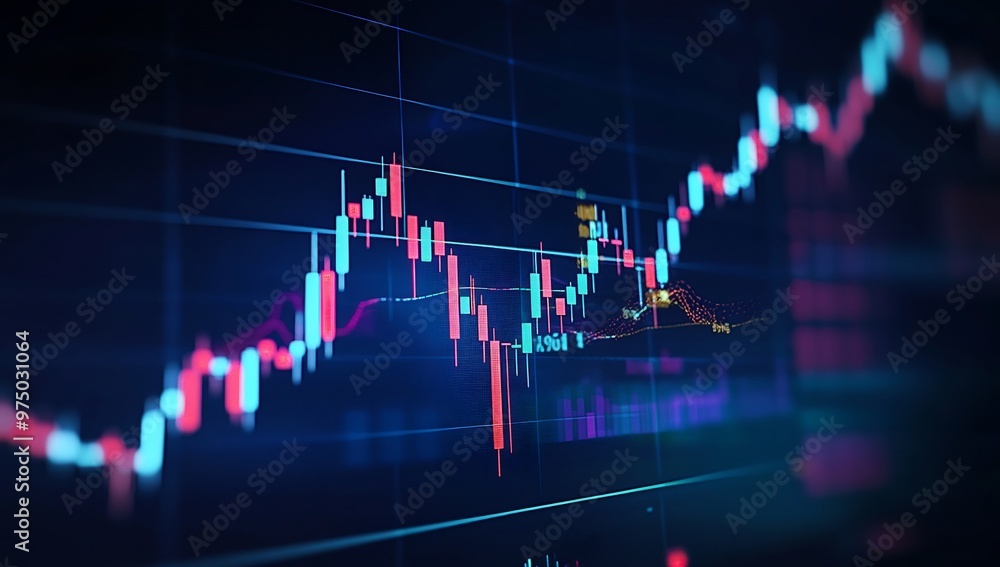 stock market graph on the screen, displaying rising candlestick charts and trading lines stock market graph on the screen, displaying rising candlestick charts and trading lines