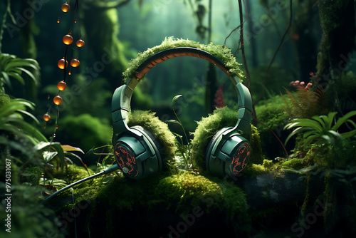 Headphone on spring background.