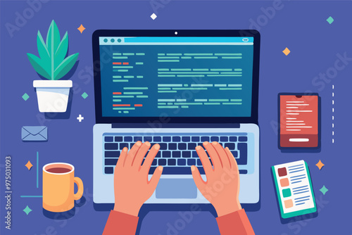Software developer writing code on the laptop. Programming concept vector flat illustration