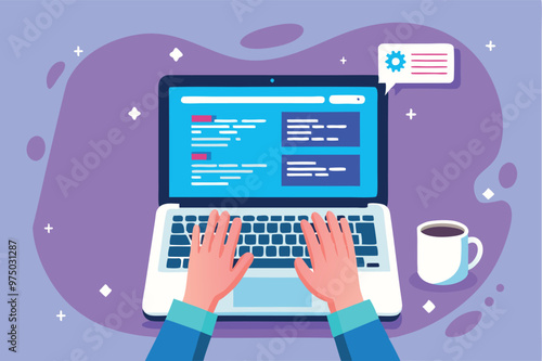 Software developer writing code on the laptop. Programming concept vector flat illustration