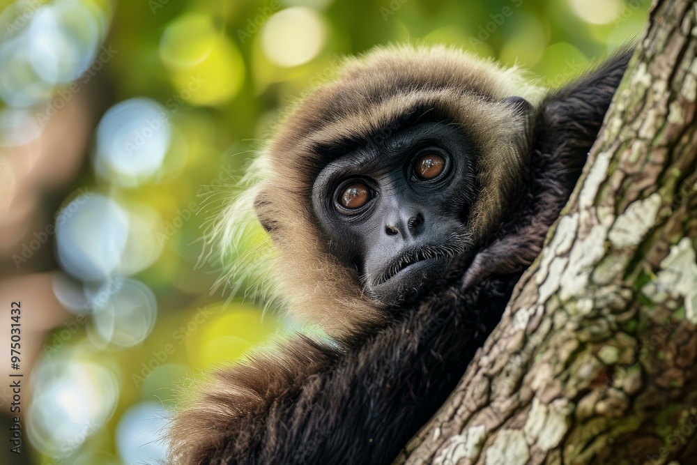 Obraz premium Northern plains gray langur monkey with expressive eyes holding a tree branch