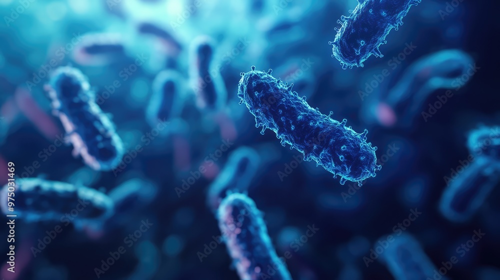 3D Microscopic Blue Bacteria. AI generated illustration 3D Microscopic Blue Bacteria. AI generated illustration