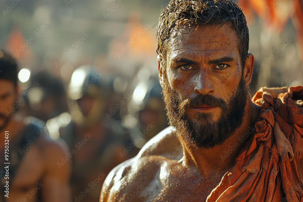 An ancient Greek athlete competing in a modern sports stadium, wearing traditional athletic attire while using modern equipment. An ancient Greek athlete competing in a modern sports stadium, wearing traditional athletic attire while using modern equipment.
