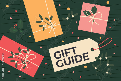 gift guide writen on price tag, colorful gift boxes decorated with string and mistletoes and holly berry twigs- vector illustration